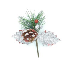 Silver & Red Glittered Wreath Pick With 2 Leaves, A pine Cone, Berries And A Pine Sprig (lot of 1 Bag - 12 Picks Per Bag) SALE ITEM